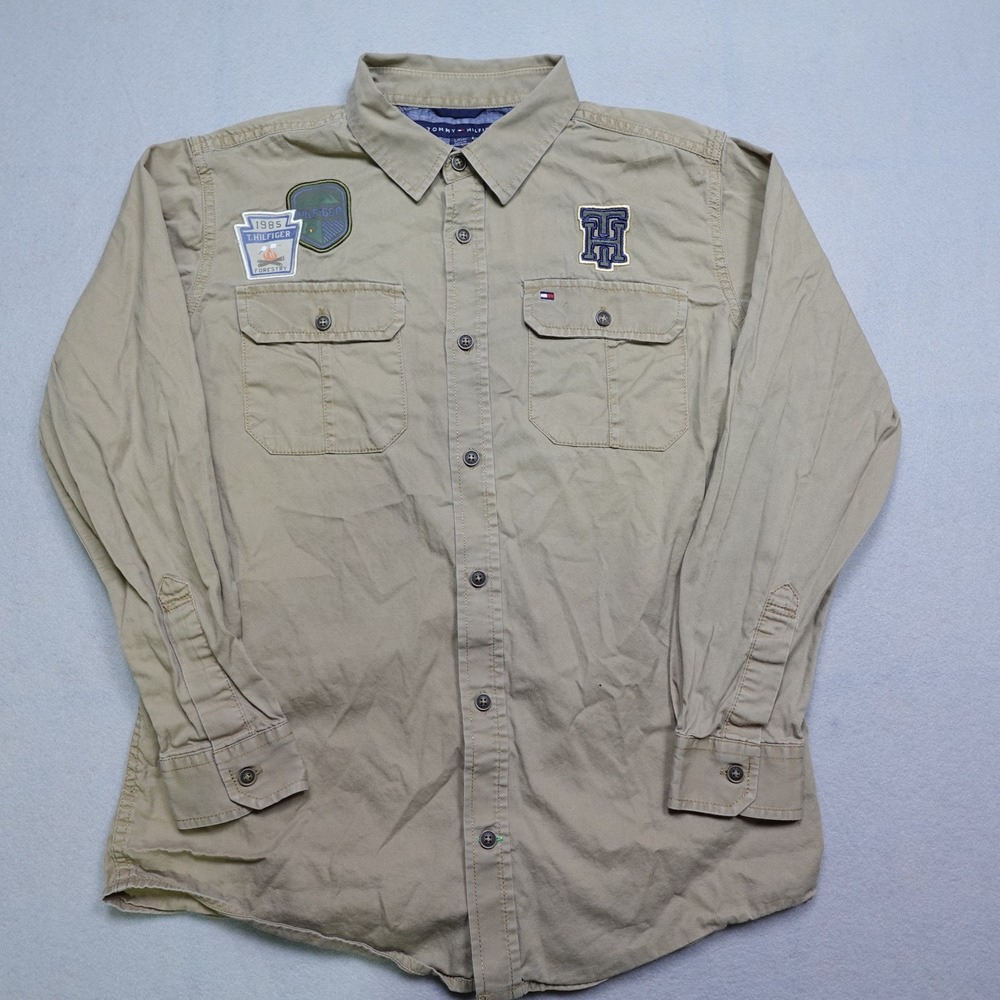 Tommy Hilfiger Button Up Boys 16/18 Beige Forestry Patch Embroidered Logo